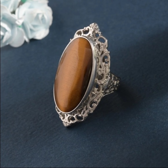 Natural African Tiger's Eye Solitaire Ring in Platinum Over Copper size 8 - Picture 16 of 16